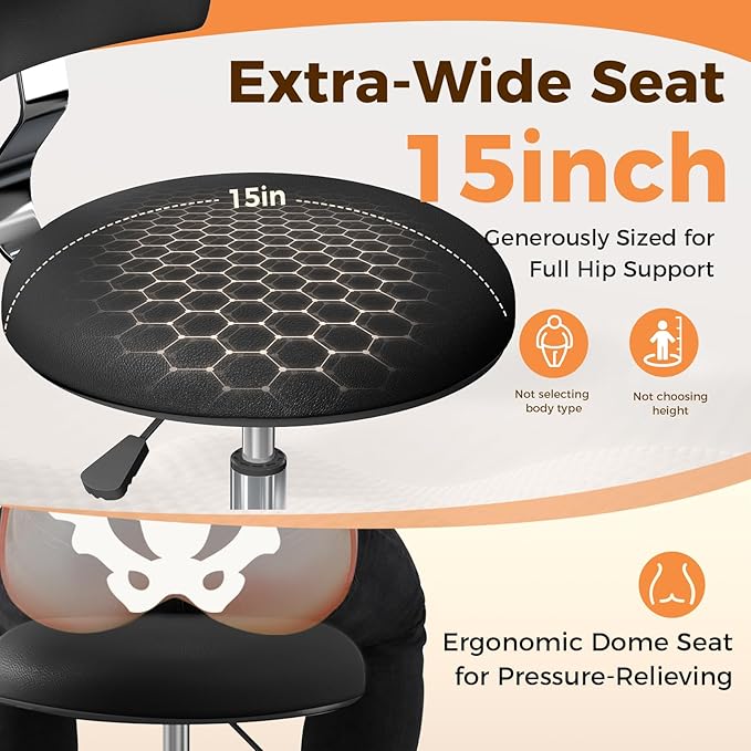 Rolling Stool Chair with Wheels, Office Drafting Chair with Back Support, Height Adjustable Standing Desk Stool with PU Leather Cushion for Home Office Kitchen Vanity Spa Garage Tattoo Dentist, Black