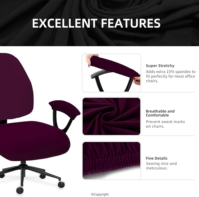 Stretchable Desk Office Chair Seat Covers - Universal Spandex Computer Chair Slipcover - Removable Washable Rotating Backrest Coverings & Cushion Protectors & Armrest Covers for Dogs, Cats, Pets, Plum
