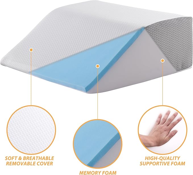 Bedluxe Leg Elevation Pillows, Leg Pillows for Sleeping, Cooling Gel Memory Foam Top, Wedge Pillow for Legs, Leg Wedges for Circulation, Swelling, After Surgery - Removable Cover (10 Inch, White/Grey)