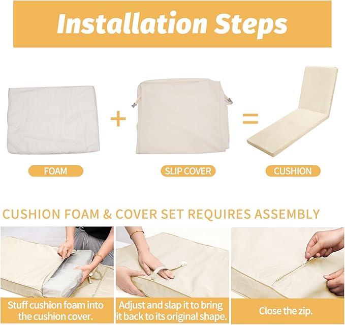 Outdoor Chaise Lounge Cushions for Patio, Lounge Chair Cushions, Waterproof Replacement Seat Pads for Outdoor Furniture (2, Beige, 80"x26"x3")