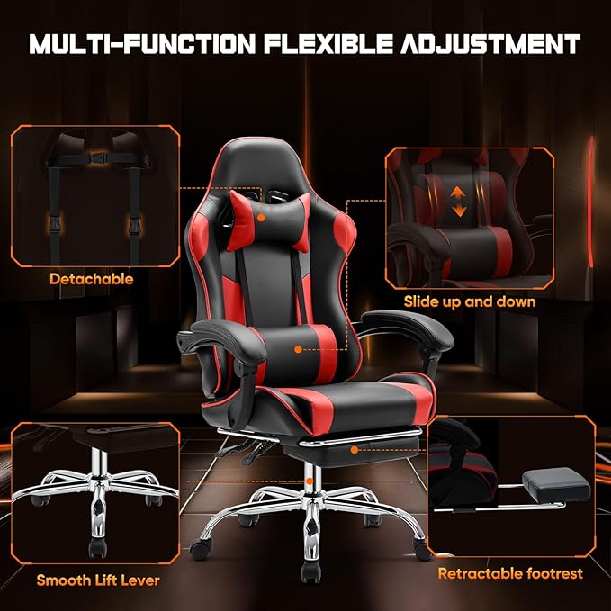 DUMOS Gaming Office Desk Chair with Footrest and Headrest for Adults, PU Leather Ergonomic Video Computer Chair with Linkage Armrests, Height Adjustable 360° Swivel Recling Chair, New Red