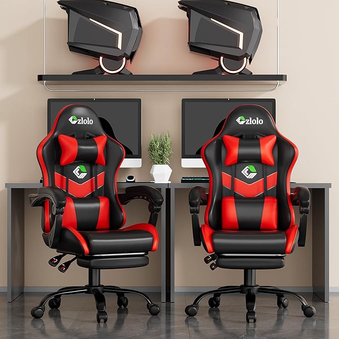 Czlolo Gaming Chair with Footrest Racing Style Lumbar Support Massager Video Game Chair with Metal Legs, High Back Gamer Chair with Headrest, 360° Swivel Office Computer Desk Chair, Bright Red