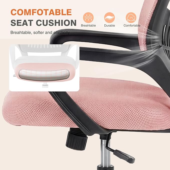 Sweetcrispy Home Office Managerial Executive Chair, Ergonomic Mesh Adjustable Swivel Mid-Back Computer Desk Chair with Comfortable Lumbar Support, Comfy Arms for Bedroom,Study, Blak&Pink