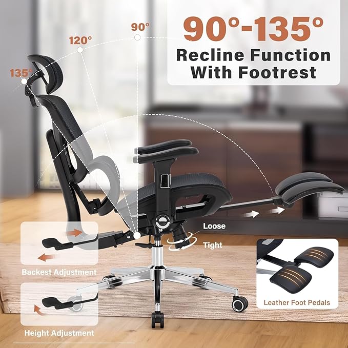 Ergonomic Office Chair with Footrest - 400lbs Heavy Duty Mesh Desk Chair, 5D Armrests, 3D Lumbar, 5 Level Backrest, Adjustable Headrest, Reclining High Back Swivel Chairs for Home Office