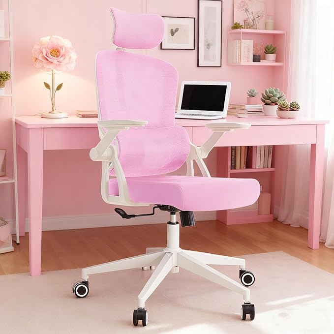 350 LBS Ergonomic Office Computer Mesh Chair - Adjustable Height Rolling Desk Chair with Flip-Up Armrests & High Back Support - Comfortable Swivel Task Chair for Home Office (01PINK)