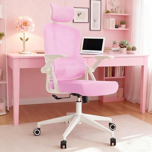350 LBS Ergonomic Office Computer Mesh Chair - Adjustable Height Rolling Desk Chair with Flip-Up Armrests & High Back Support - Comfortable Swivel Task Chair for Home Office (01PINK)