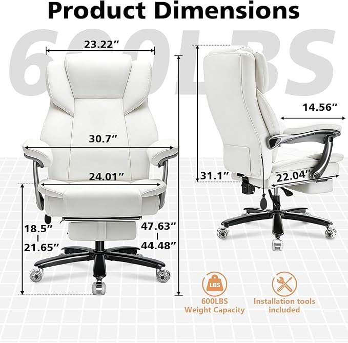 WAILOR 600lbs Big and Tall Office Chair for Heavy People,Heavy Duty Comfy Executive Office Desk Chair with Adjustable Lumbar Support,High Back Reclining PU Leather Computer Chair (Classic, White)