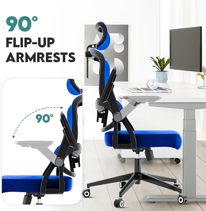 350 LBS Ergonomic Office Computer Mesh Chair - Adjustable Height Rolling Desk Chair with Flip-Up Armrests & High Back Support - Comfortable Swivel Task Chair for Home Office (01BLUE)