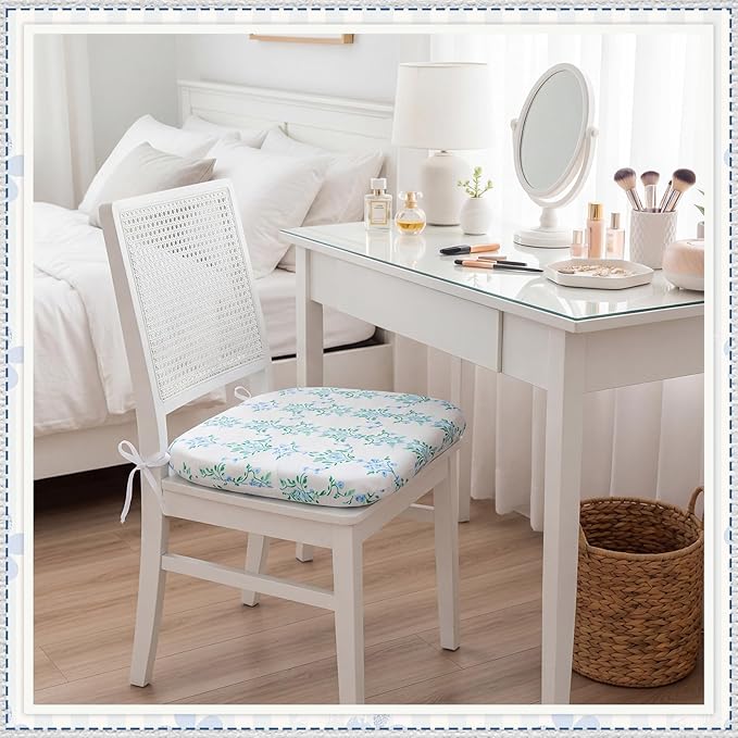 4 Pack Grandmillenial Chair Cushions for Dining Chairs 17" x 16" x 2" D-Shaped Breathable Blue and White Floral Linen Kitchen Chair Pads with Ties Washable Non Slip Seat Cushion