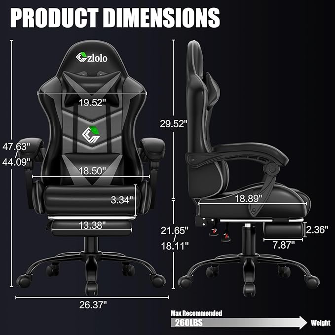Czlolo Gaming Chair with Footrest Racing Style Lumbar Support Massager Video Game Chair with Metal Legs, High Back Reclining Gamer Chair with Headrest, 360° Swivel Office Computer Desk Chair (Gray)