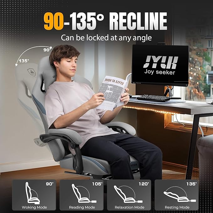 GTPLAYER Gaming Chair with Foot Rest & Pocket Spring Cushion, Ergonomic High Back Computer Desk Chair with Headrest & Lumbar Support for Back Pain Relief, Breathable Fabric, Moon Gray
