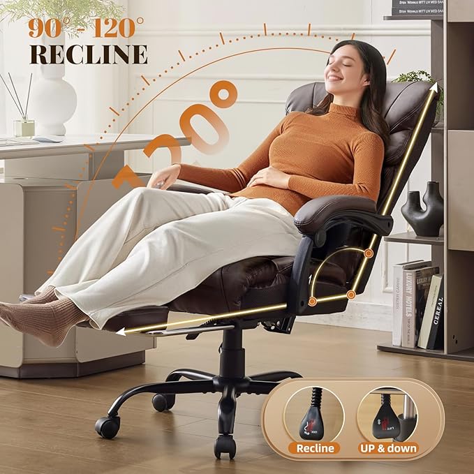 Garvee Comfortable Office Desk Chair 500 LBS, Big and Tall Office Chairs with Footrest,90-155°Recline Executive Leather Gaming Chair for Heavy People, Long Hours,Coffee
