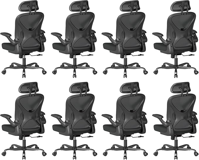 Ergonomic Mesh Office Chair, Home Computer Chair with Flip-Up Armrests, Adjustable Lumbar Support and Headrest, Height Adjustment, Smooth Casters, and 360° Swivel, 8PC, Black