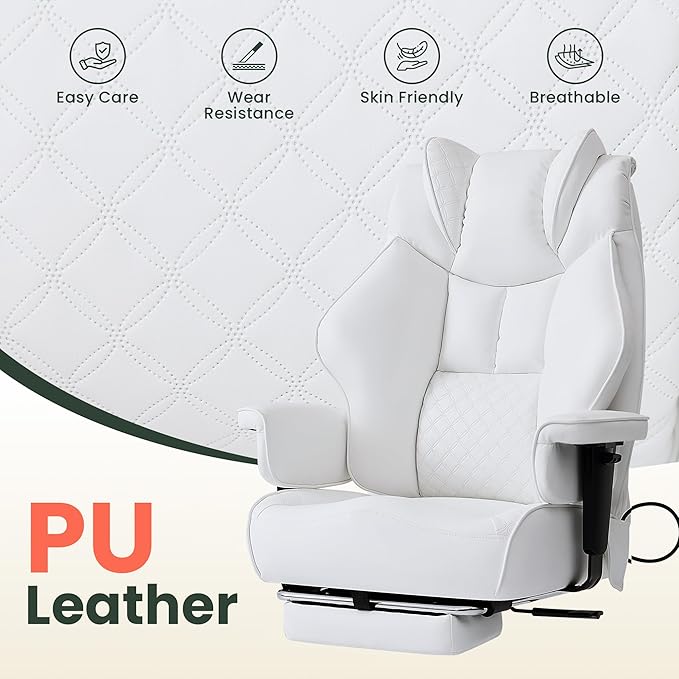 500lbs Big and Tall Office Chair Adjustable Lumbar Support, Extra Wide Seat Ergonomic Gaming Chair with Footrest, Heavy Duty High Back Executive Leather Computer Desk Chair (White)