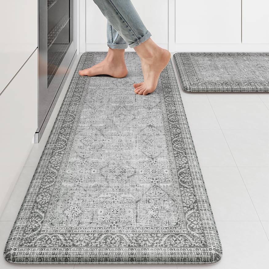 KIMODE Anti Fatigue Kitchen Mat 2PCS,Waterproof Farmhouse Kitchen Rugs Grey