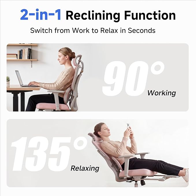 Ergonomic Office Chair with Footrest, 4D Armrests & Dynamic Lumbar Support, High Back Mesh Desk Chair with Adjustable Headrest, Reclining Computer Chair 380lbs for Long Hours (Pink)