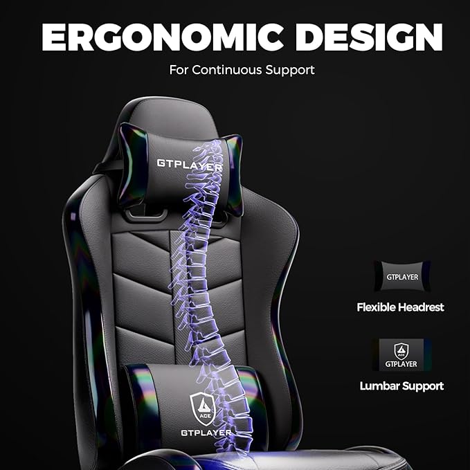 GTPLAYER Gaming Chair with Footrest, Computer Gaming Chair for Adults and Kids, Height Adjustable Gamer Chair with 90-155° Recline & Removable Headrest Lumbar Support,Colorful Black
