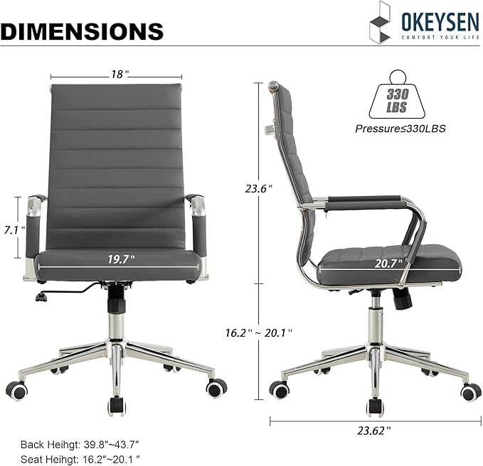Okeysen Grey Office Desk Chair, Ergonomic Leather Modern Conference Room Chairs, Executive Ribbed Height Adjustable Swivel Rolling Chair for Home Office.