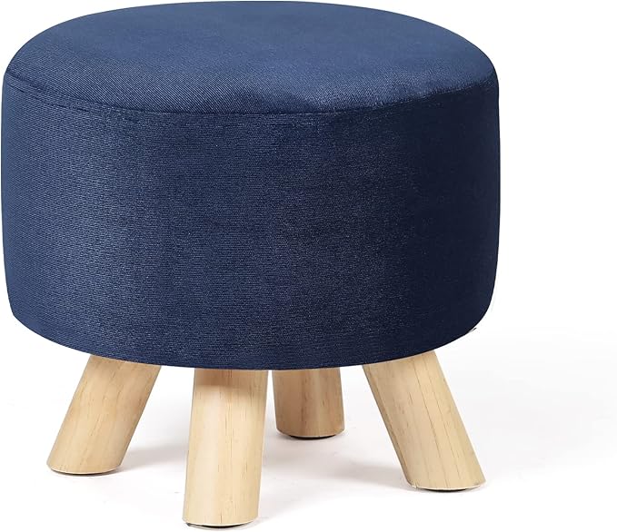 Homebeez Round Ottoman Stool Velvet Foot Rest, Small Footstool with Non-Skid Legs (Dark Blue)