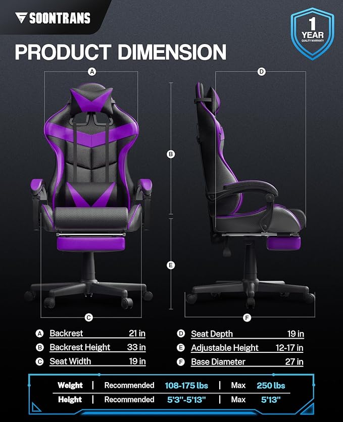 Soontrans Purple Gaming Chair with Footrest, Ergonomic Gamer Chair, Video Game Chairs with Adjustable Headrest, Removable Lumbar Support Office Chair, Game Chairs for Adults Teens(Purple)