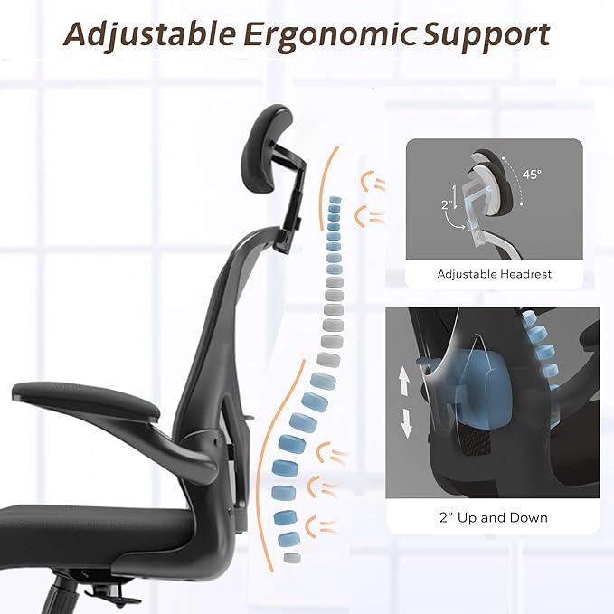 Drafting Chair, Ergonomic Tall Office Chairs for Standing Desk, Home Office Desk Chair with Lumbar Support and Adjustable Flip-up Armrests & footrest (02Black)