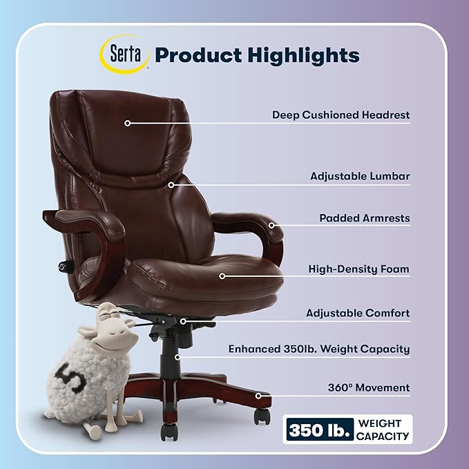 Serta Conway Big & Tall Executive Office Chair, Ergonomic High-Back with Adjustable Lumbar, Semi Plush Cushion and Body Pillows, Padded Armrests, Wooden Swivel Base, Bonded Leather, Chestnut Brown