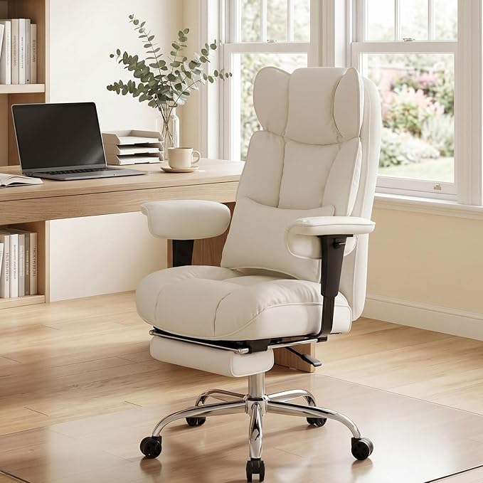 Efomao Big and Tall Office Chair 400lbs - Heavy Duty Reclining Desk Chair with Footrest, Spacious High Back PU Leather Executive Chair, Double-Layer Spring Support, White