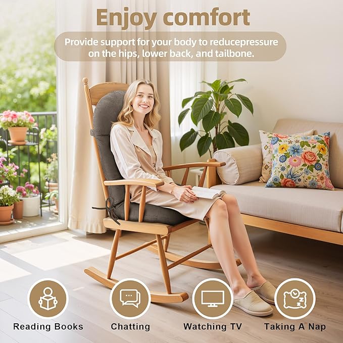 Rocking Chair Cushion - Plaid Corduroy Fabric, High-Density Sponge, Durable Comfort Non-Slip Bottom Tufted Seat Pads with Ties, Plaid Corduroy︱Beige Grey, 44x19x4 inch