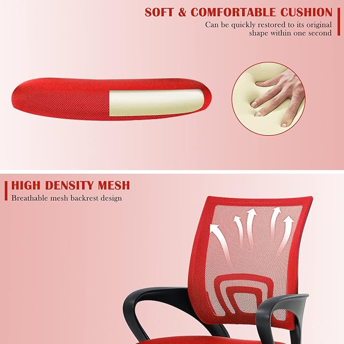 Office Chair, Desk Chair with Lumbar Support Arms, Adjustable Computer Chair with Breathable Mesh Backrest, Home Office Desk Chairs for Student, Adults, Study, Dorm, Comfortable Office Chair(Red)