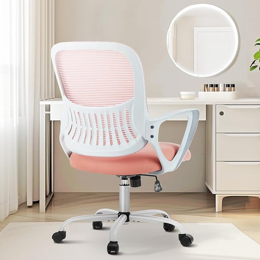 Sweetcrispy Ergonomic Mid-Back Mesh Home Office Desk Chair with Wheels, Managerial Executive Chair with Lumbar Support, and Comfortable Armrests for Home, Bedroom, Study, Office, Pink