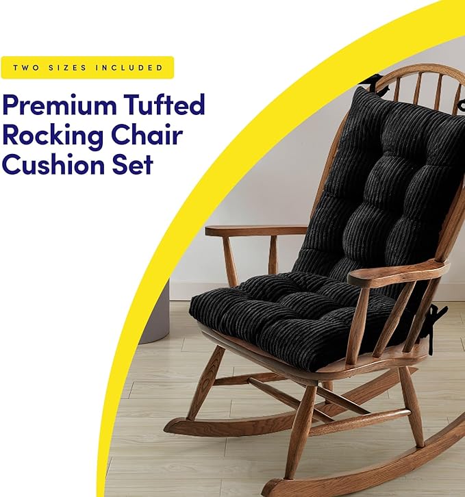 Rocking Chair Cushion Premium Tufted Pads Non Skid Slip Backed Crushed Velvet Cover Set of Upper and Lower with Ties, 21 in x 17 in | 17 in x 17 in, Velvet Black