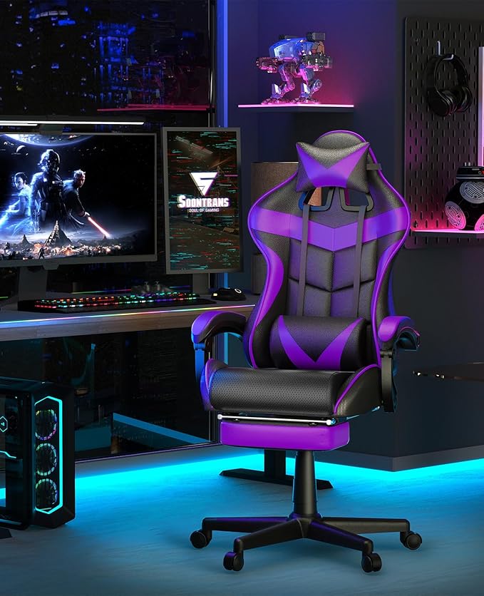 Soontrans Purple Gaming Chair with Footrest, Ergonomic Gamer Chair, Video Game Chairs with Adjustable Headrest, Removable Lumbar Support Office Chair, Game Chairs for Adults Teens(Purple)