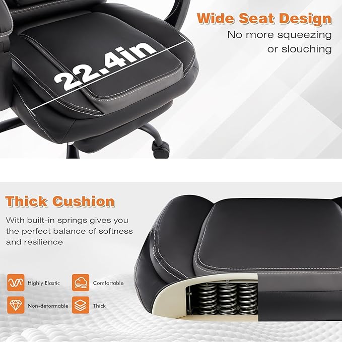 Reclining Ergonomic Office Chair with Footrest, Big Tall Recliner Office Desk Chairs with Lumbar Support, 400lbs Heavy Duty High Back Leather Executive Computer Chair with Wheels, Back Grey