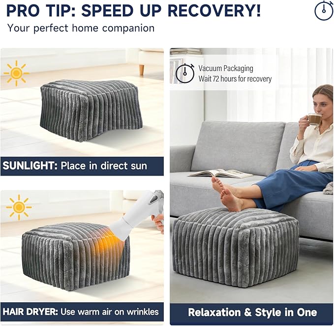Tiita Square Ottoman Foot Rest, Corduroy Pouf Ottoman with Foam Filling, 21x21x13.8 Inch Poofy Ottomans with Removable Cover, Fluffy Foot Rest Stool with Non-Slip Bottom for Living Room Bedroom