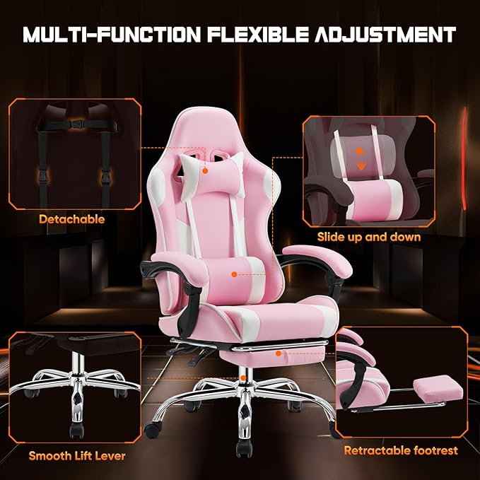 DUMOS Gaming Office Desk Chair with Footrest and Headrest for Adults, PU Leather Ergonomic Video Computer Chair with Linkage Armrests, Height Adjustable 360° Swivel Recling Chair, New Pink