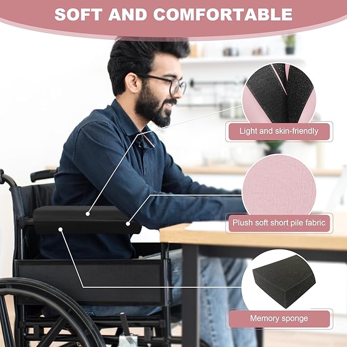 SPRING SEAON Wheelchair Accessories Armrest Covers (Pair), Short Plush Memory Foam Pads, Non-Slip Bottom, Wide Hook-and-Loop Straps, Washable, for Wheelchair/Transport/Office/Gaming Chairs, Pink