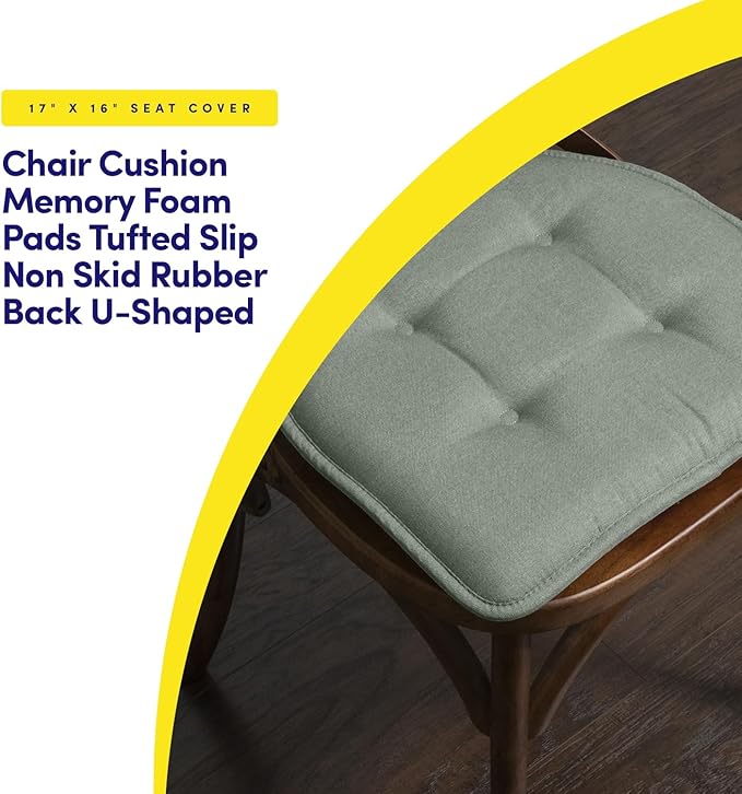 Sweet Home Collection Chair Cushion Memory Foam Pads Tufted Slip Non Skid Rubber Back U-Shaped 17" x 16" Seat Cover, Scuba Green 4 Count