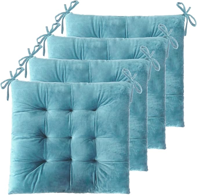 ELFJOY 4 Pack Chair Cushions for Dining Chairs Chair Pads Cushion for Kitchen Office Tufted Square Seat Cushion with Ties (16" Blue Velvet)