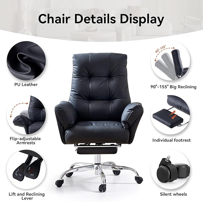EMIAH Criss Cross Chair with Wheels Office Chair with Foot Rest and Flip-up Arms Reclining Desk Chair Comfy PU Leather Rolling Computer Home Office Chair (Black)