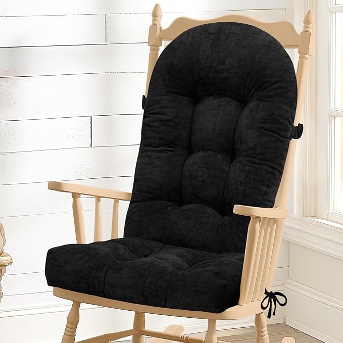Rocking Chair Cushion - Chenille Fabric, High-Density Sponge, Durable Comfort Non-Slip Bottom Tufted Seat Pads with Ties, Chenille︱Black, 44x19x4 inch