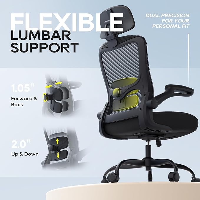 Office Chair, Ergonomic Mesh Desk Chair with Adjustable Lumbar Support and Headrest, Flip-up Armrests, High Back Computer Task Chair for Home and Executive Office (B-All Black)