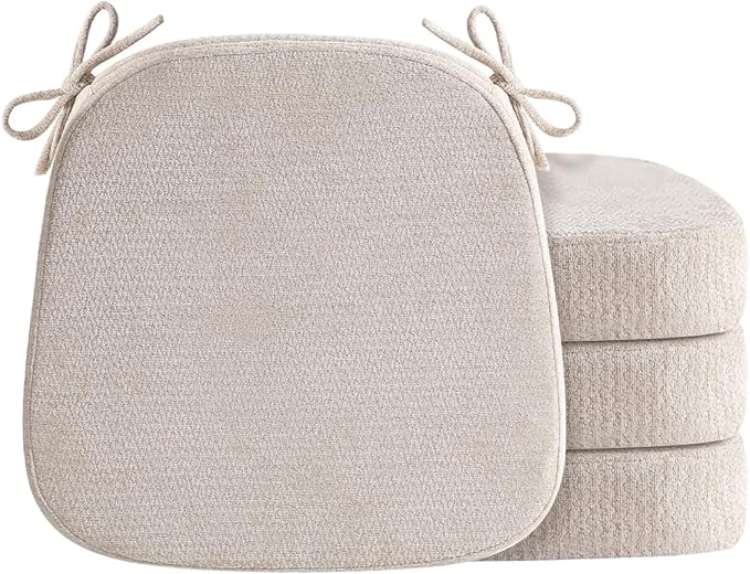 D-Shaped Chair Cushions for Dining Chairs, 2.5” Thick Chair Pads with Washable Comfortable Textured Cover, Non Slip Kitchen Chair Cushions with Ties, 16.5" x 16.5", 4 Pack, Beige