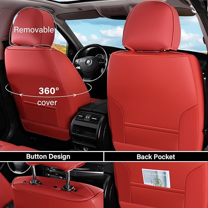 Coverado Car Seat Covers Full Set, 5 Piece Car Seat Protector with Lumbar Support & Removable Headrest, Breathable Leather Front Rear Seat Cushion Universal Fit for Truck Automotive Red