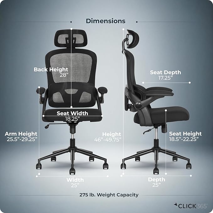 AeroCore M320 Ergonomic Office Chair, High Back Breathable Mesh Computer Chair with Lumbar Support, Adjustable Headrest & Tilt, Flip-Up Arms, 360° Swivel Home Office Desk Chair, Black