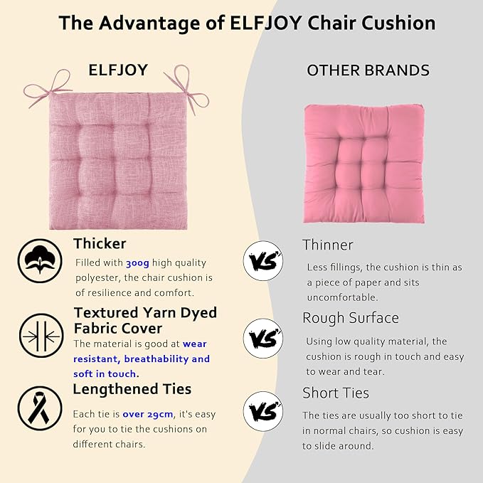 ELFJOY 4 Pack Chair Cushions for Dining Chairs Chair Pads Cushion for Kitchen Office Tufted Textured Square Seat Cushion with Ties (16" Light Pink)