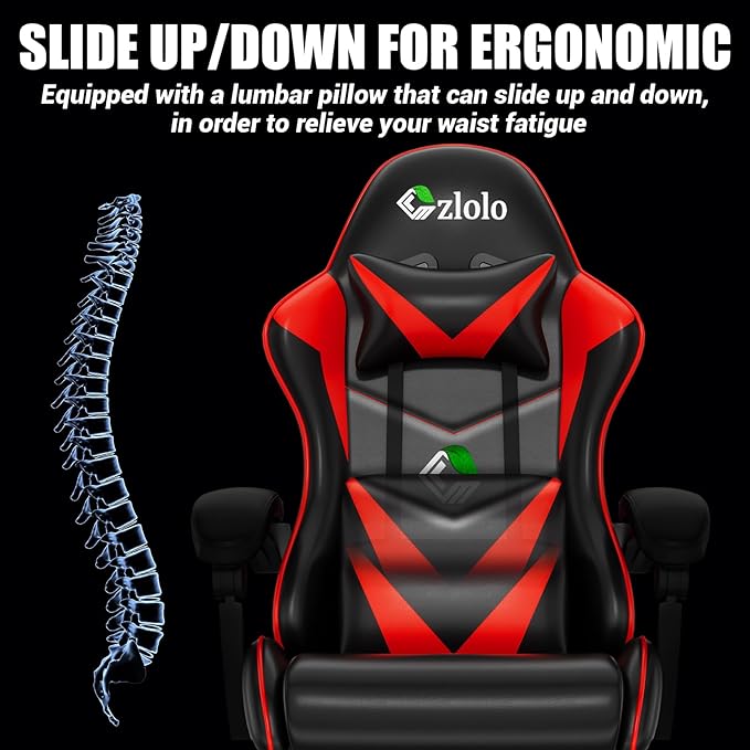 Czlolo Gaming Chair with Footrest Racing Style Lumbar Support Massager Video Game Chair with Metal Legs, High Back Reclining Gamer Chair with Headrest, 360° Swivel Office Computer Desk Chair (Red)