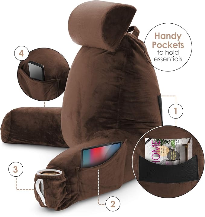 Clara Clark Reading Pillow with Shredded Memory Foam Includes 2 Neck and Lumber Support Pillows, Designed for Sitting Up in Bed and Couch, Back and Arms Adjustable Support for Adults, Chocolate Brown
