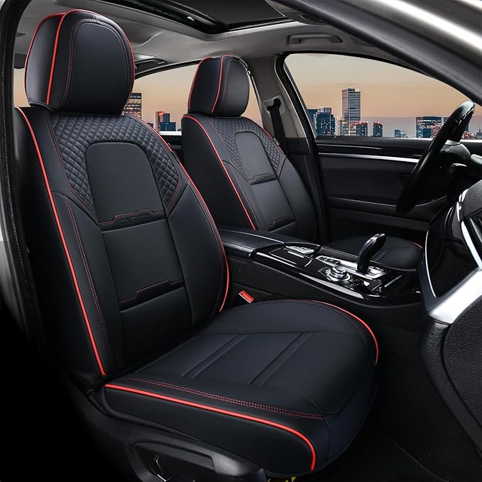 Coverado Car Seat Covers Front Seats, 2 Piece Car Seat Protector with Removable Headrest, Nappa Leather Breathable Front Side All Wrapped Universal Fit Truck Automotive Most Cars Black & Red