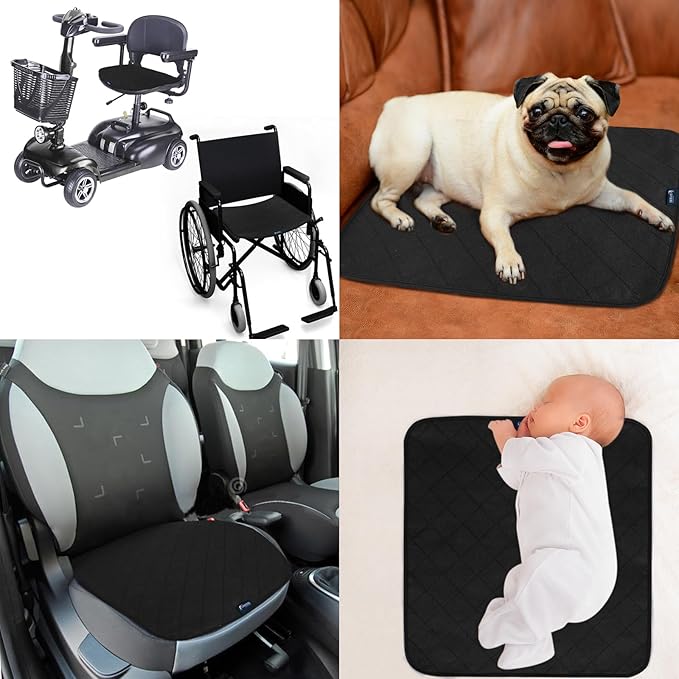 Waterproof Chair Pads for Incontinence 18" x 16", 2 Pack Non Slip Absorbent Wheelchair Reusable Seat Protector, Washable Seat Covers for Chairs, Black