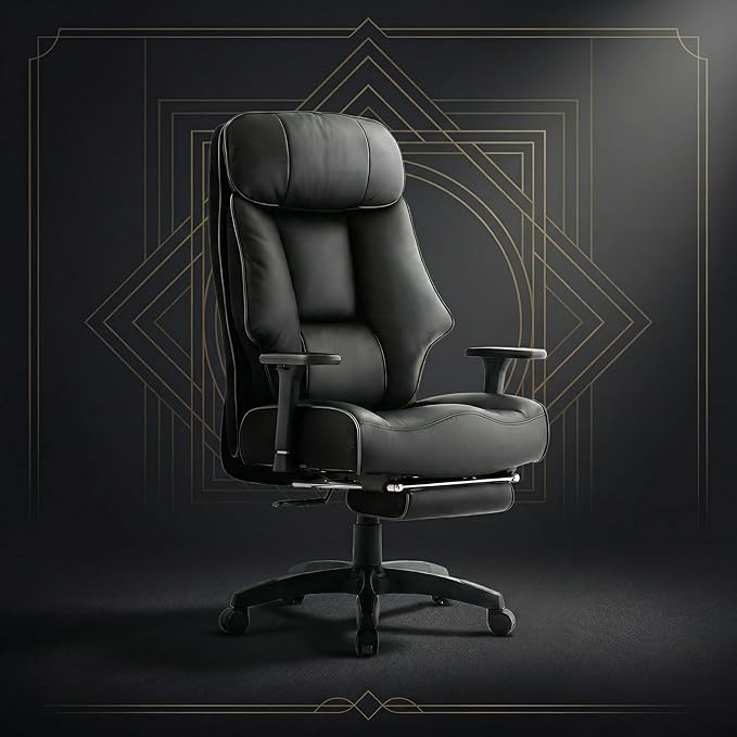 Big and Tall Office Chair 400lbs, Premium PU Leather Executive Chair with Extra Wide Saddle Seat for Cross Legged, 3D Armrests, Footrest, Heavy Duty Ergonomic Reclining Desk Chair (Black)